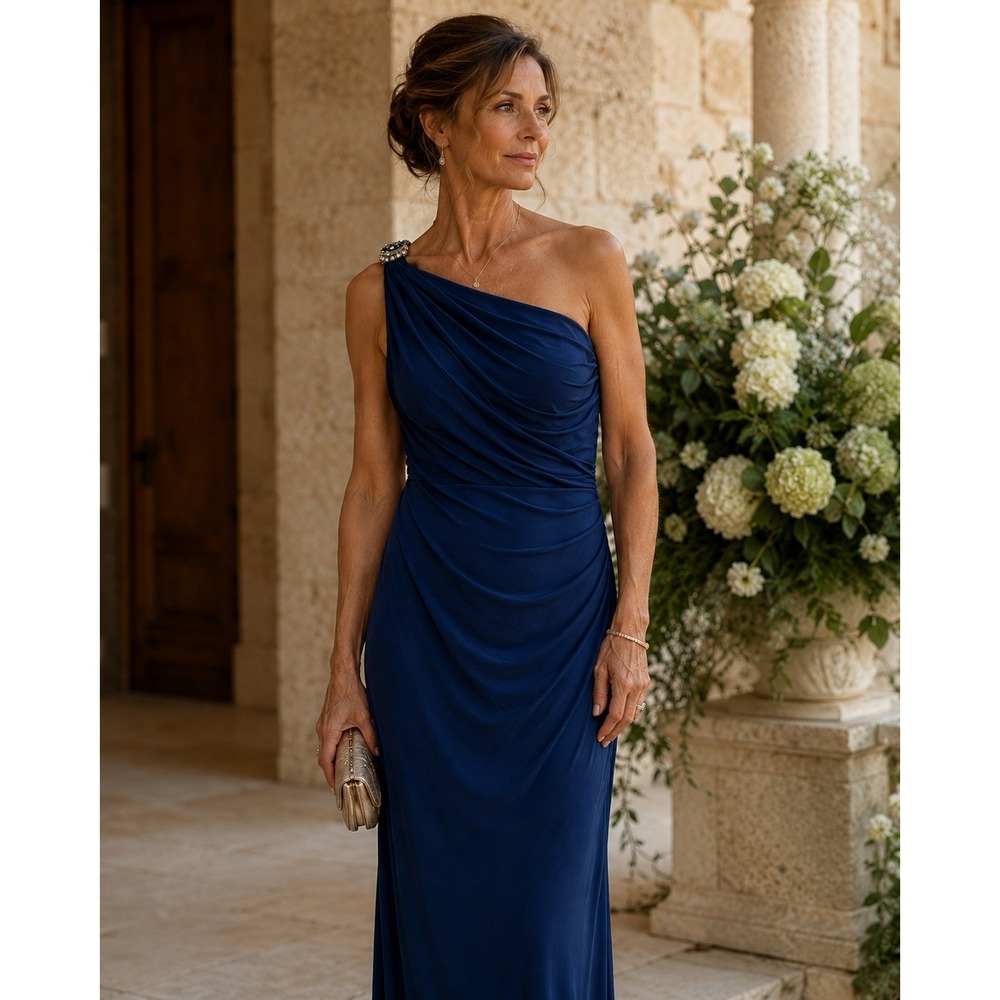 Y2K Lauren Ralph Lauren One Shoulder Gown Women 14 Blue Ruched‎ Formal Brooch